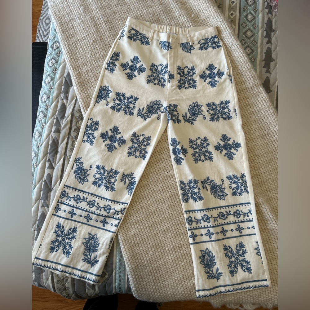 FRENZY Cream Wide Leg Pants with Blue Embroidery